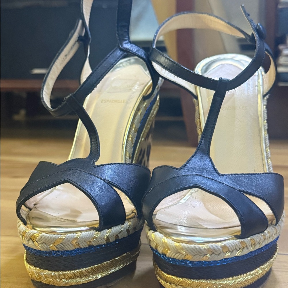 Christian Louboutin Trotolita Black and Gold Leopard Wedges 7.5 / 38.5 - Picture 8 of 16